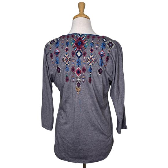 JOHNNY WAS Ruah Kit Long Split Neck Embroidered Henley Gray XS - Picture 2 of 7